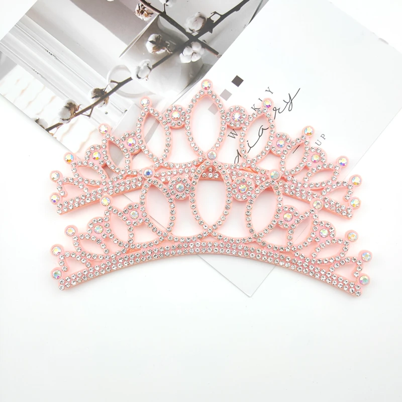 13.5*4.5CM Princess Rhinestone Pink Crown Applique For Craft Wedding Clothing Decor Patch DIY Headwear Hair Clip Accessories