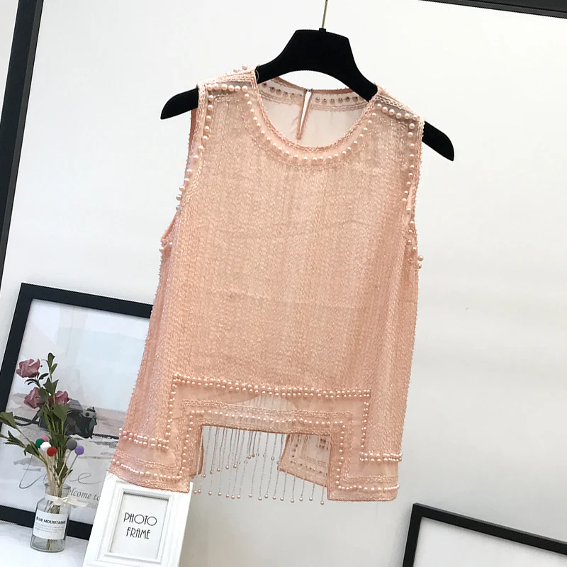 H80&S90 New Fashion Women Heavy Pearl Seeds Beaded Sleeveless Tank Top Female Knit Fringer Pullover Irregular Tassel Vest Shirts