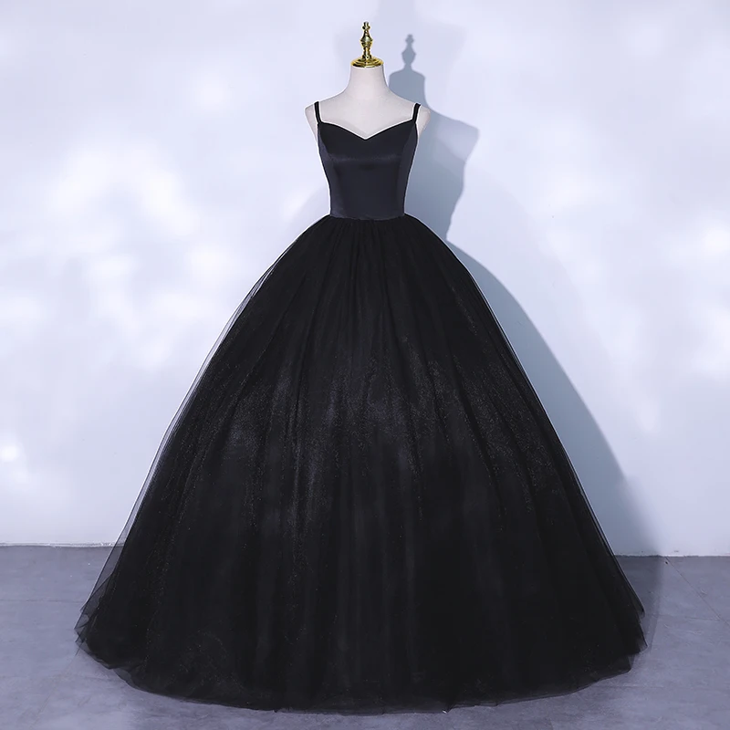 

Evening Dress Black Deep V-Neck Floor-Length Spaghetti Strap Simple Ball Gown Elegant Tulle New Party Formal Dresses Woman B1436