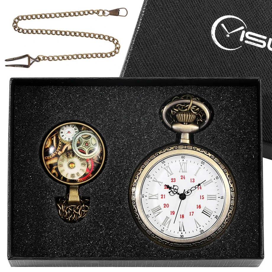 High Quality Bronze Roman Numerals Necklace No Cover Design Chain Quartz Pocket Watch Timepiece Gear Punk Jewelry Gift Sets 2022