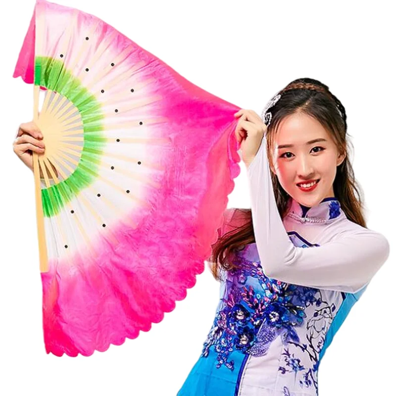 2pcs Sequine Belly Dance Fan Veils Short Hand Bamboo Folding Fan For Bellydance Practice Gradient Color Chinese Folk Square Prop