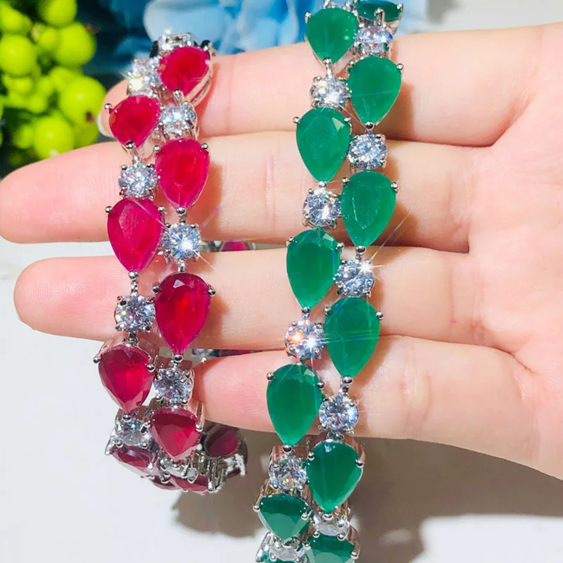 Pera Classic Green Water Drop Cubic Zirconia Double Rows Big Wide Round Bracelets Bangles for Women Anniversary Party Gift B159