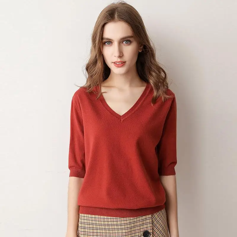 

Spring/Summer Ladies Sweater V-neck Pullover Solid Color Half-sleeved Knitwear Sweater Thin Casual Soft Bottoming Tops