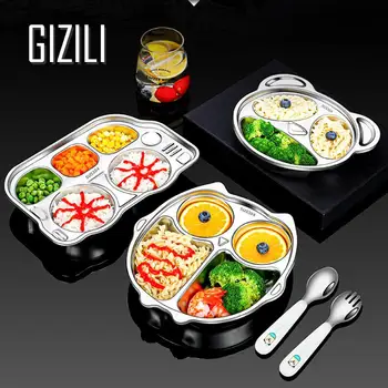 어린이 유치원 만화 패턴 그리드 플레이트, 스테인레스 스틸 식기 접시, 어린이 식기류, 아기 음식 먹이기 접시 트레이 