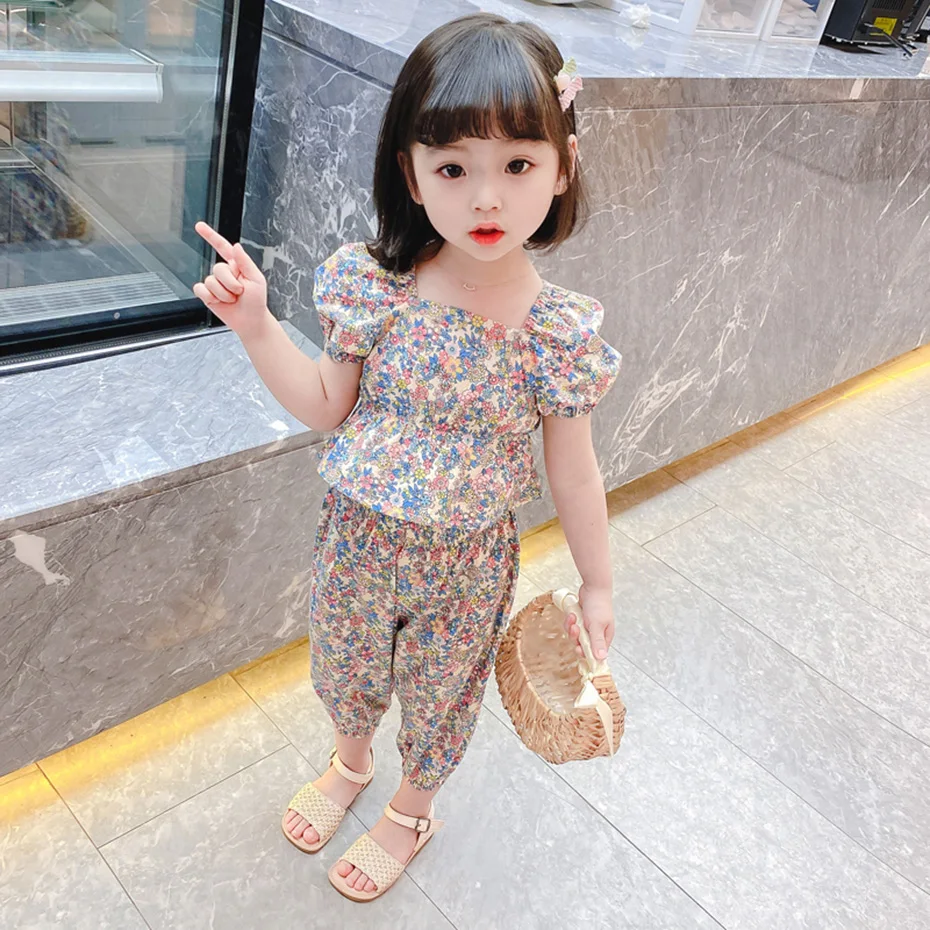 2pcs/set 2024 Children Clothes Floral Tshirt + Pants For Girls Casual Style Big Girls Clothes Summer Kids Tracksuit