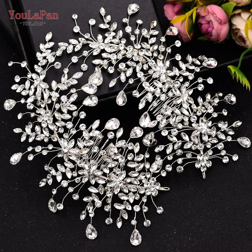 Youlapan pente de cabelo hp379 prendedor de cabelo cristal prata, acessório de cabelo para casamento, flor e tiara de casamento para noivas