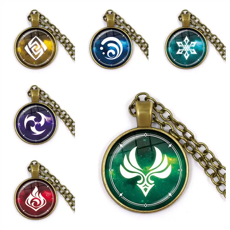 Anime Game Genshin Impact Necklace Eye of God Ice Fire Wind Water Grass Thunder Element Glass Pendant Necklaces Gift