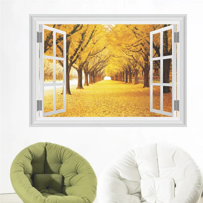 Yellow Tree Street Road 3d Window Wall Sticker Living Room Bedroom Decor Scenery Mural Art Diy Home Decals Landscape Posters