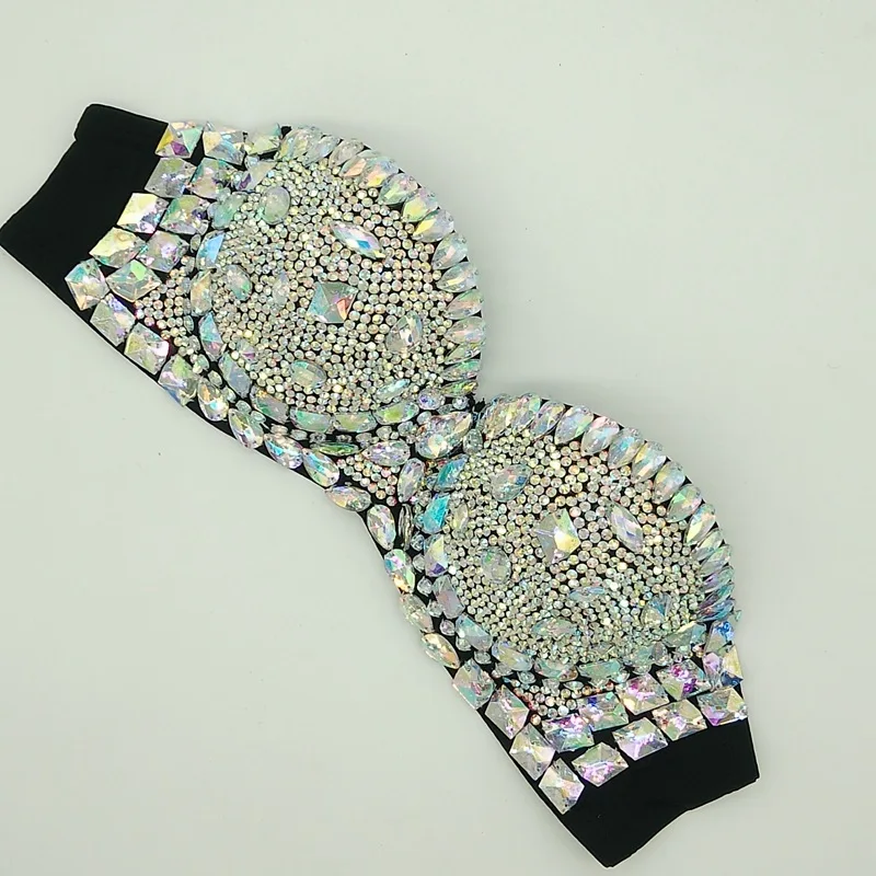 Pink/Black Rhinestones Bra Crystals Diamond Bikini Stage Wear Women DJ Dancer Nightclub Bar Performance Costume