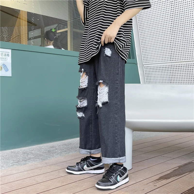 

Hole jeans men's fashion students summer trend casual thin loose straight Capris streetwear ropa de hombre