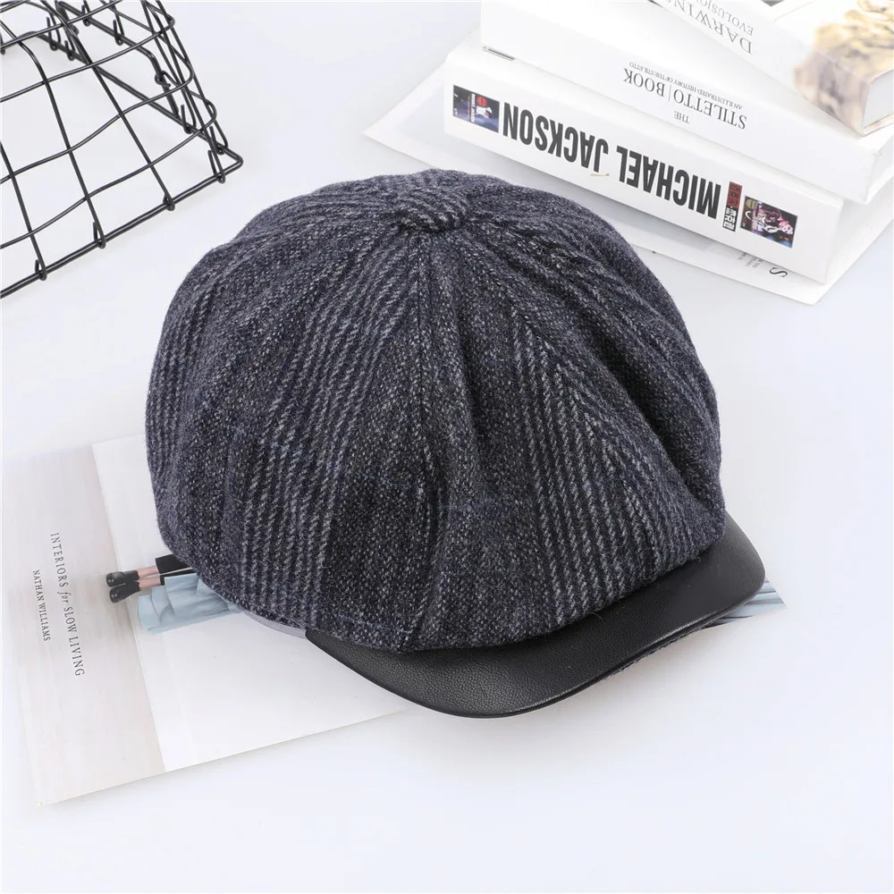 

Men's Wool Belend Cashmere Knitted Fabric Hats Newsboy Caps Patchwork Genuine Sheepskin Leather Beret hat