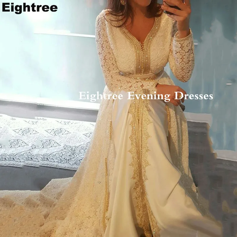 Eightree Lace Moroccan Caftan Evening Dresses Gold Appliques Special Occasion Dresses Arabic Muslim Long Evening Party Gowns