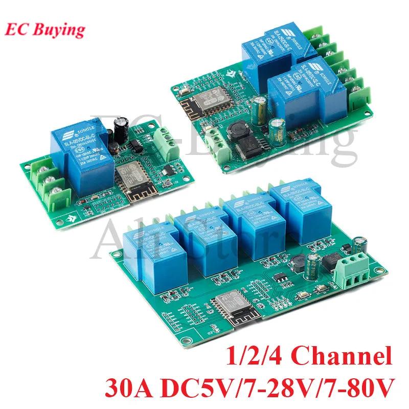 ESP8266 Wireless WIFI Relay Module 1/2/4 Channel ESP-12F Development Board 30A AC/DC 5V/7-28V/7-80V Power Supply for Arduino