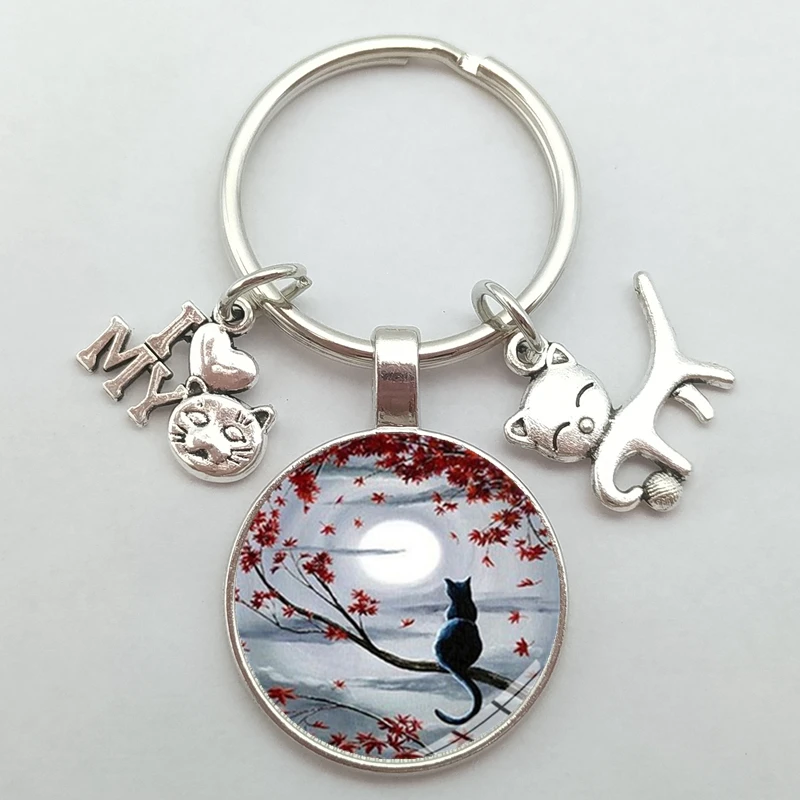 Cute Anime Cat Under Night Sky Keychain with Cat Pendent Fashion Animal Women Purse Bag Car Pendant Key Chain Ring Holder image 4