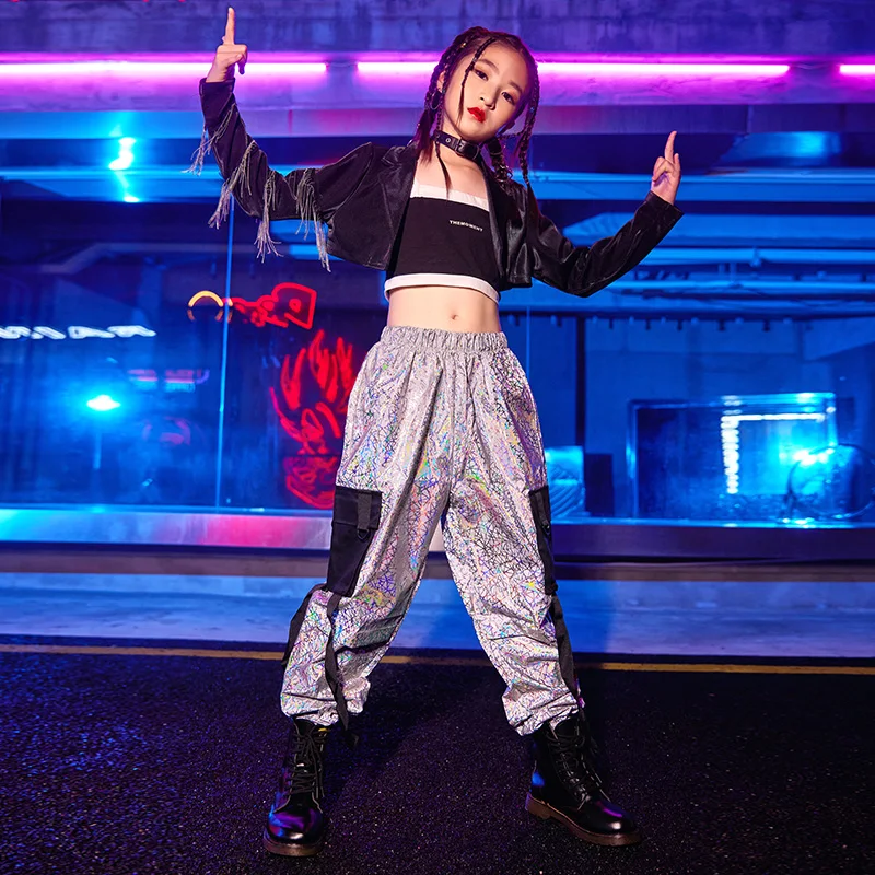 Hip Hop Jazz Dance Kostüm Mädchen Kpop Bühne Outfit Quaste Schwarze Jacke Helle Cargo Hosen Modenschau Kleidung Street Dance Tragen