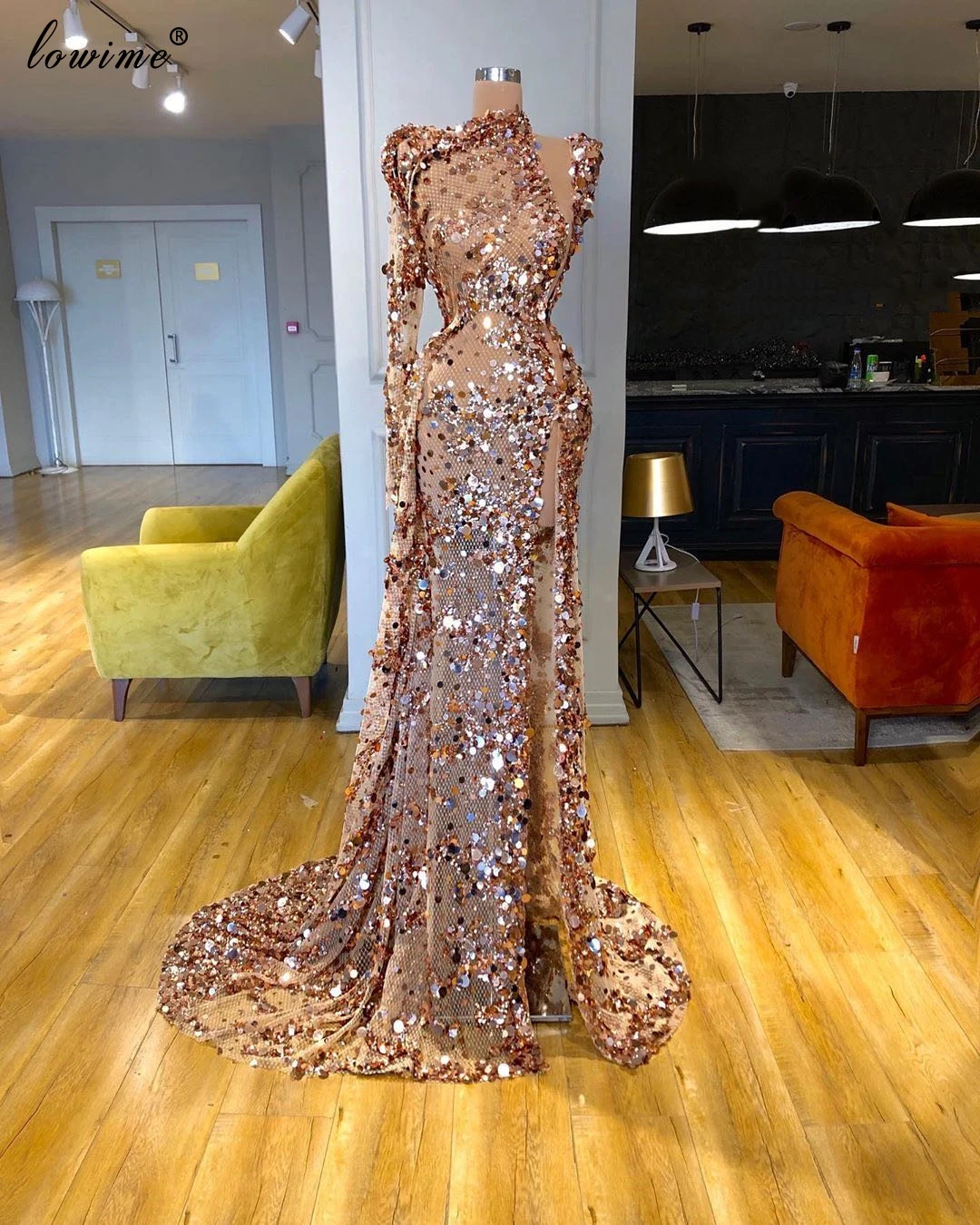 Newest Shiny Sequins Muslim Evening Dresses Long One Shoulder Evening Gowns Mermaid Illusion Prom Dresses Woman Party Night