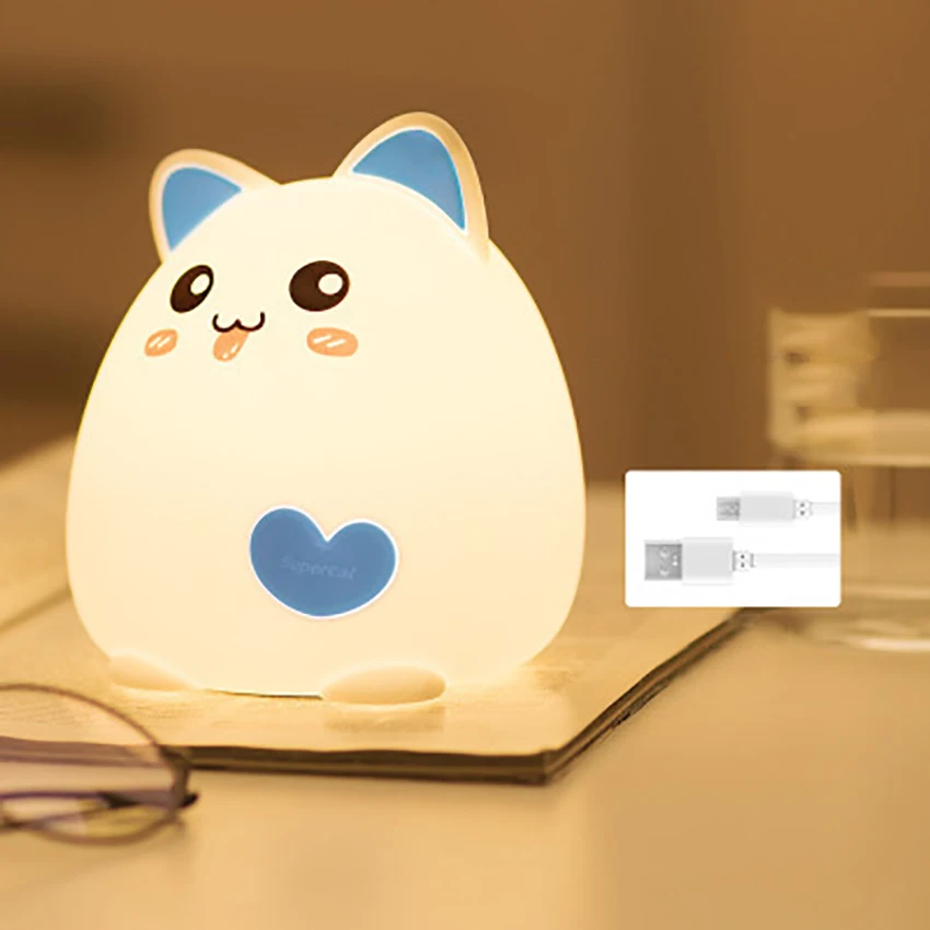 Cute Cat Night Light for Kids, Tap/ Remote Control, Portable Warm Light & Color Changing Silicone Baby Nightlight for Birthday
