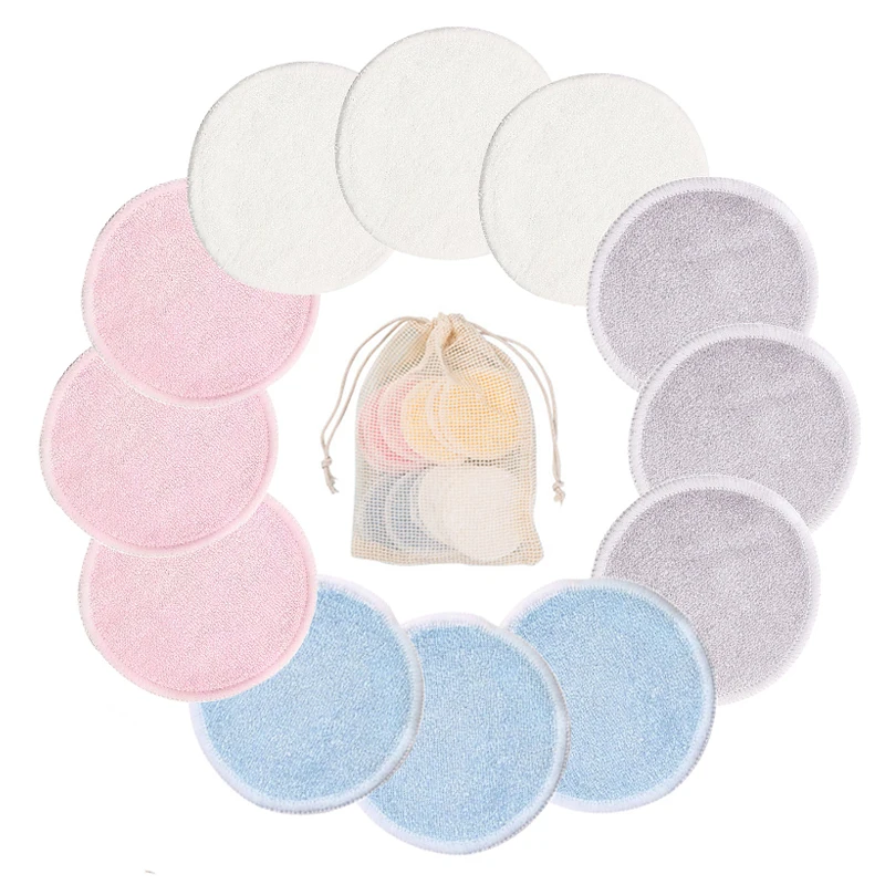 Almohadillas desmaquillantes de bambú reutilizables, almohadillas de algodón lavables de microfibra, herramientas de limpieza Facial, 12 unids/paquete