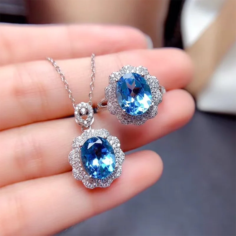 

Yanleyu Luxury Bridal Engagement Party Jewelry Sets Created Sapphire Open Size Ring&Pendant Necklace for Women PS012