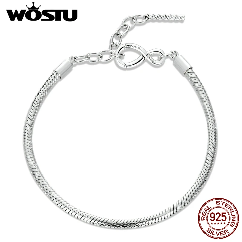 WOSTU 925 Sterling Silver Simple Snake Link Infinity Bracelet s925 For Women Unique Fine Jewelry Gift Zircon Handchain FNB085