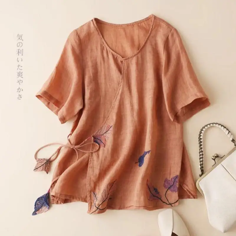 2002 Summer New Women Retro Embroidery Cotton Linen Shirt Loose Plus Size All-match Blouse Irregular Shirt Tide Free Shipping