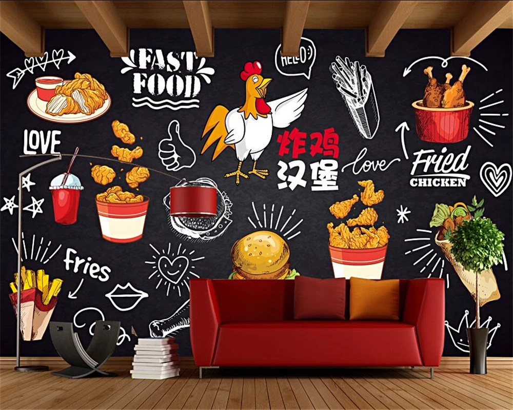 Custom 3d mural blackboard hand-painted fried chicken burger wallpapers dining gourmet fast food french fries background wall