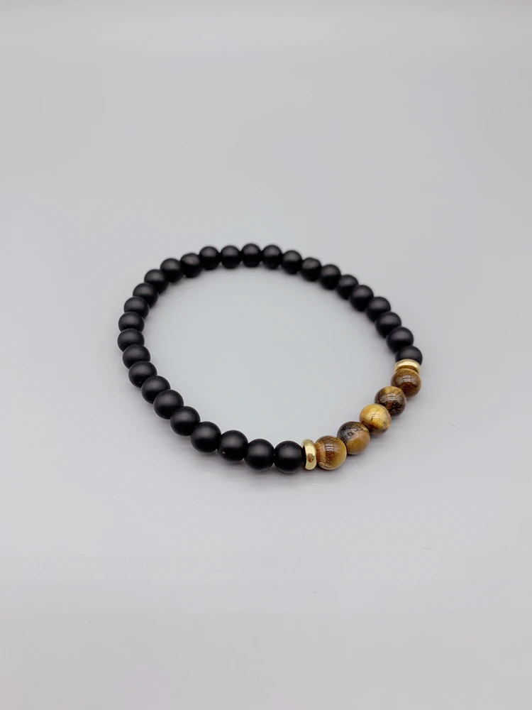 FoLisaUnique 6mm 8mm Natural Matte Onyx Tigers Eye Stone Bracelet Gold Filled Beads Elastic Stretchy Classic Women Men Bracelet