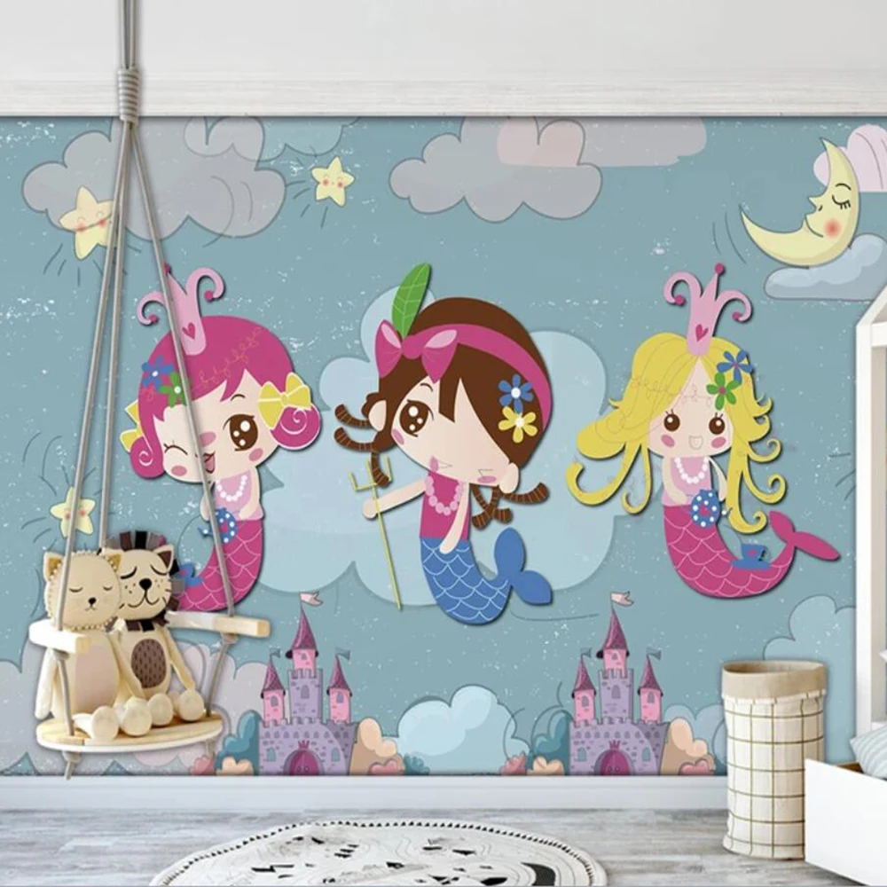 Milofi Custom 3D Wallpaper Mural Cartoon Fantasy Mermaid Castle Moon Children Room Background Wall Paper Decoration Wallpaper