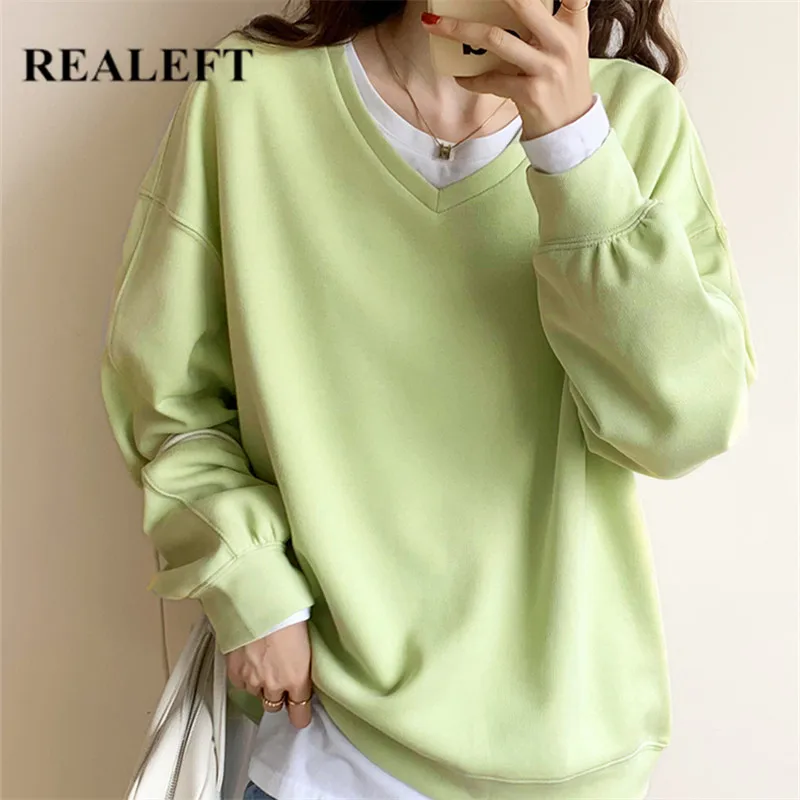 

REALEFT 2022 New Women's Sweatershirt Casual Loose Autumn Fashionable Solid Color Ladies Winter Pullovers Tops Female