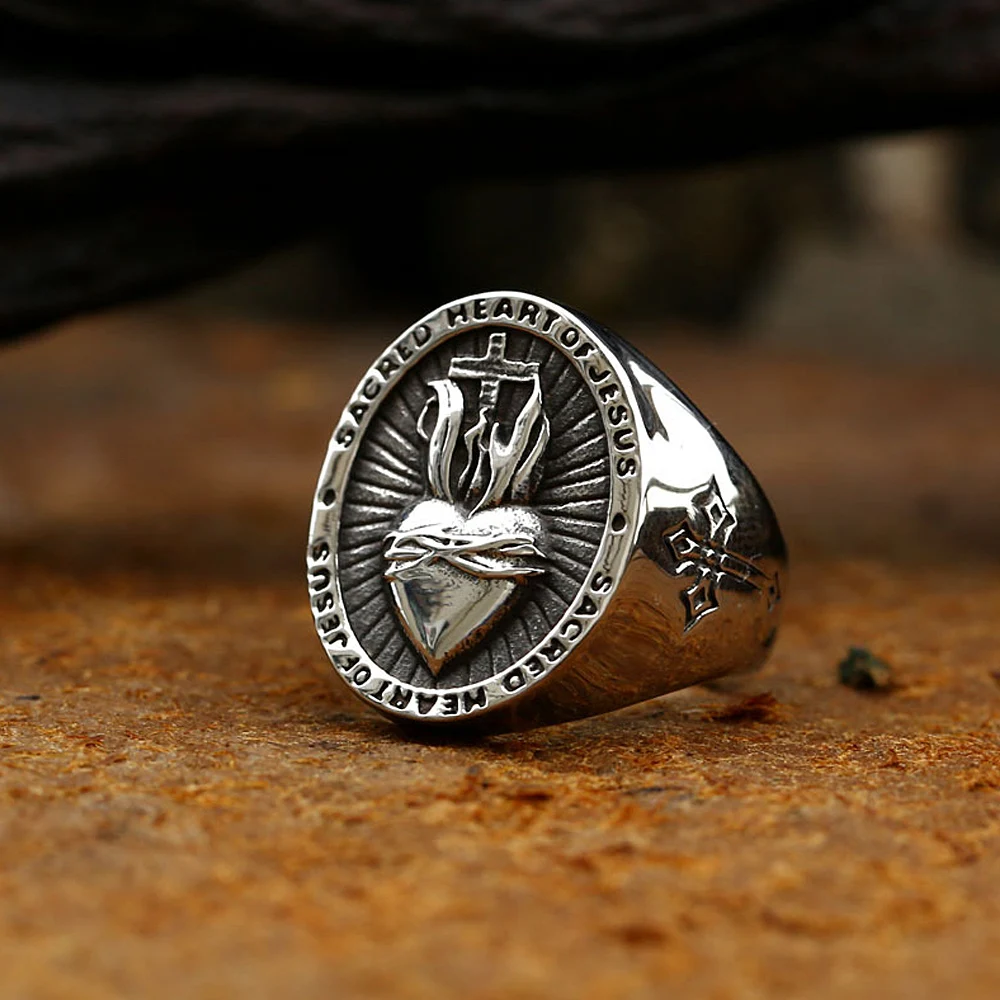 Vintage Catholic Stainless Steel Sacred Heart of Jesus Ring Unique Creative Letter Heart Shaped Cross Ring Men Jewelry Gift