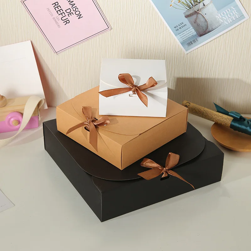 

100Pcs/Lot 3 Size Kraft Paper Gift Box With Bow Nougat Handmade Biscuit Box Christmas Candy Package Baby Show Party Supplies