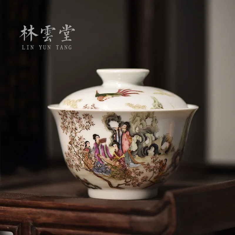 Lin Yuntang tureen pastel colored enamel tureen tea cups jingdezhen manual hand-painted bowl with chicken to instrument