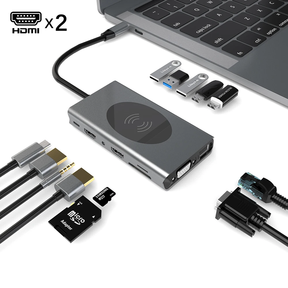 

Dual HDMI USB C HUB To USB 3.0 HUB Card Reader Adapter For MacBook Pro USB Splitter Phone Wireless Charger USB C HUB 3 0