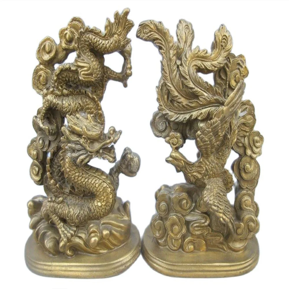 

5.51 inch/The ancient Chinese handmade bronze statue of a dragon phoenix mascot metal handicraft