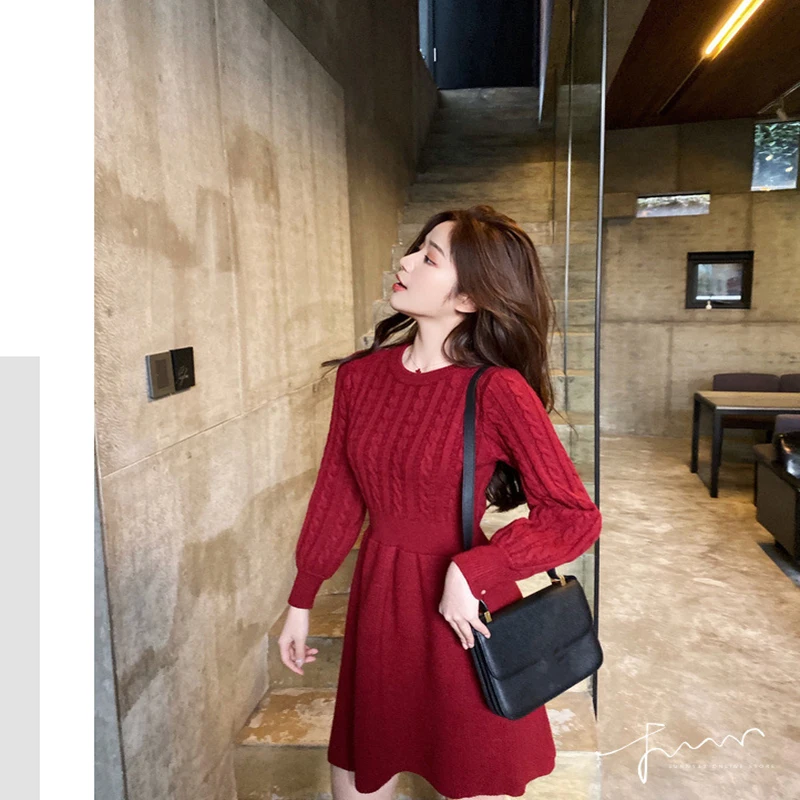 Women Sweater Long Sleeve Dresses Autumn Winter Knitted Patchwork Slim O Neck Elegant Solid Color Cozy Pullover Dresses WDR34