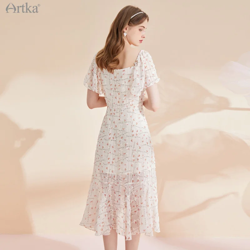 ARTKA 2021 Summer New Women Dress French Vintage Square Collar Chiffon Dresses Short Sleeve Ruffles Floral Midi Dress LA25314X