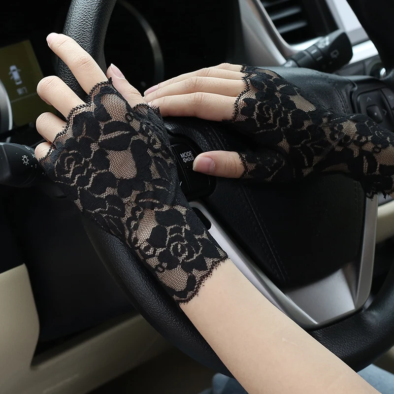 Summer Women's Lace Sunscreen Gloves Half-finger Thin Section Breathable Icy Scar Covering Tattoo Driving Riding