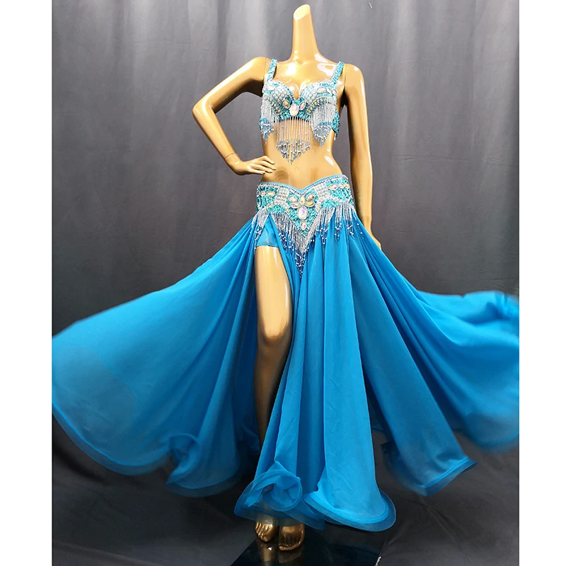 Hot Sale Professional Women belly dance costume wear for stage performance outfit 3piece suit Beaded carnival dancer costume set