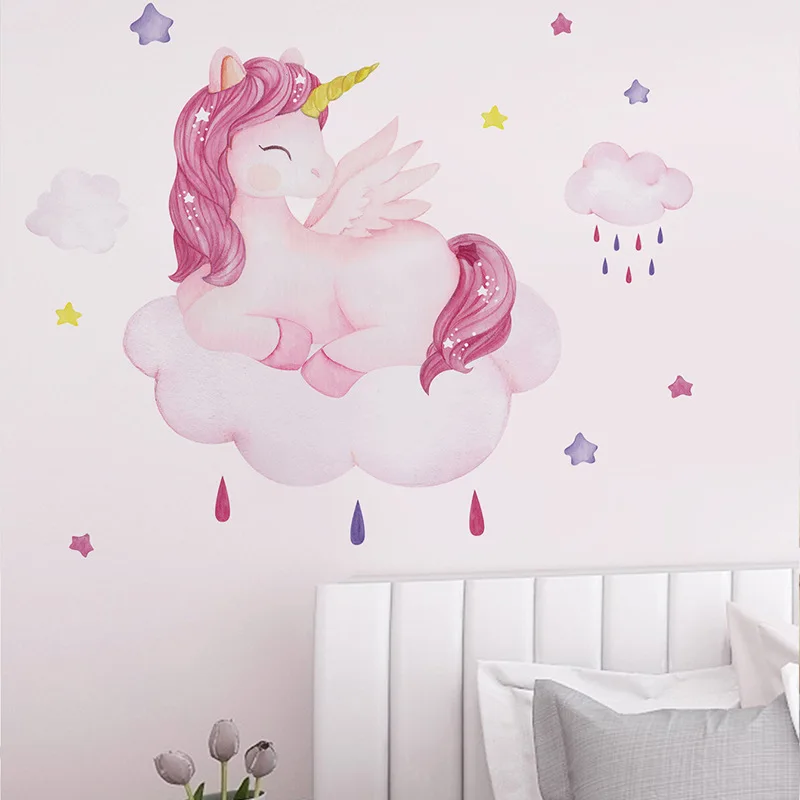 Smiling Unicorn Wall Stickers for Kids room Girls room Background Wall Decor Removable Vinyl Wall Decals for Nursery Home Decor