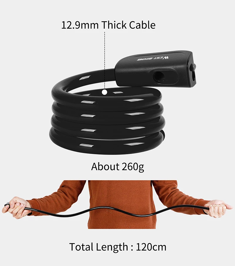 WEST BIKING Bicycle Cable Lock Outdoor Cycling Anti-theft Lock With Keys Steel Wire Security Bike Accessories 1.2M Bicycle Lock