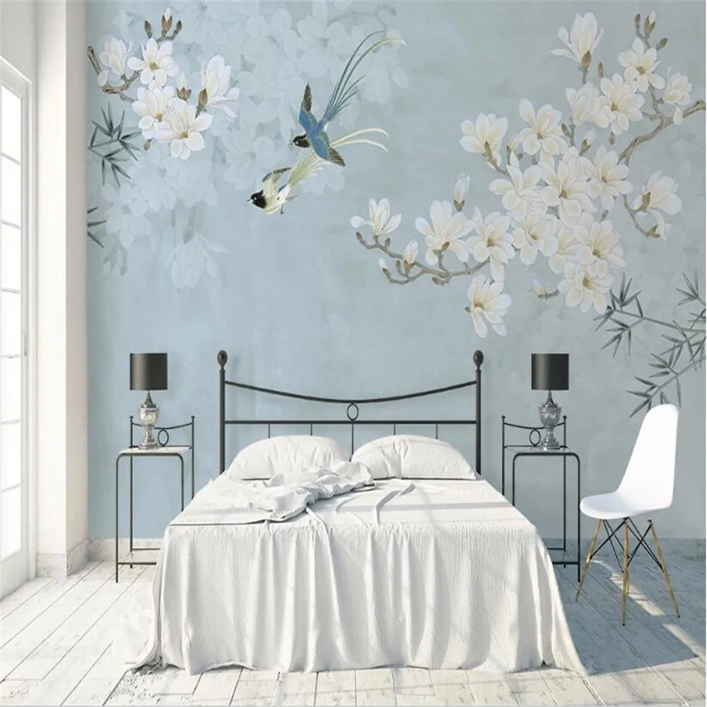 

Milofi customized 3D printing wallpaper mural Chinese magnolia flower bird figure sofa TV decoration background wall