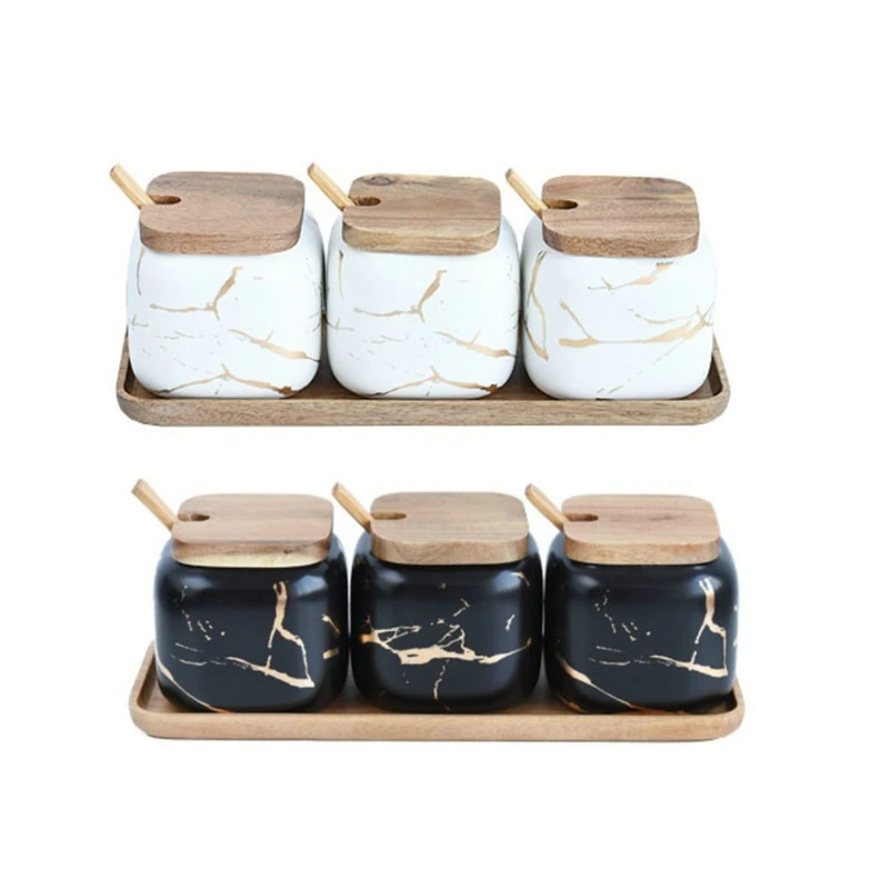 

3Pcs Nordic Style Marble Pattern Ceramics Spice Jar Suit Kitchen Storage Seasoning Tool with Lid with Spoon Kitchen Accessories