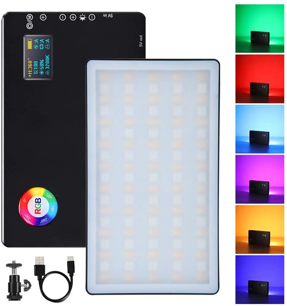 

RGB LED Video Light, on Camera Camcorder Light Panel 360° Full Color Dimmable 2500K-7500K Built-in Rechargeable Battery Aluminum