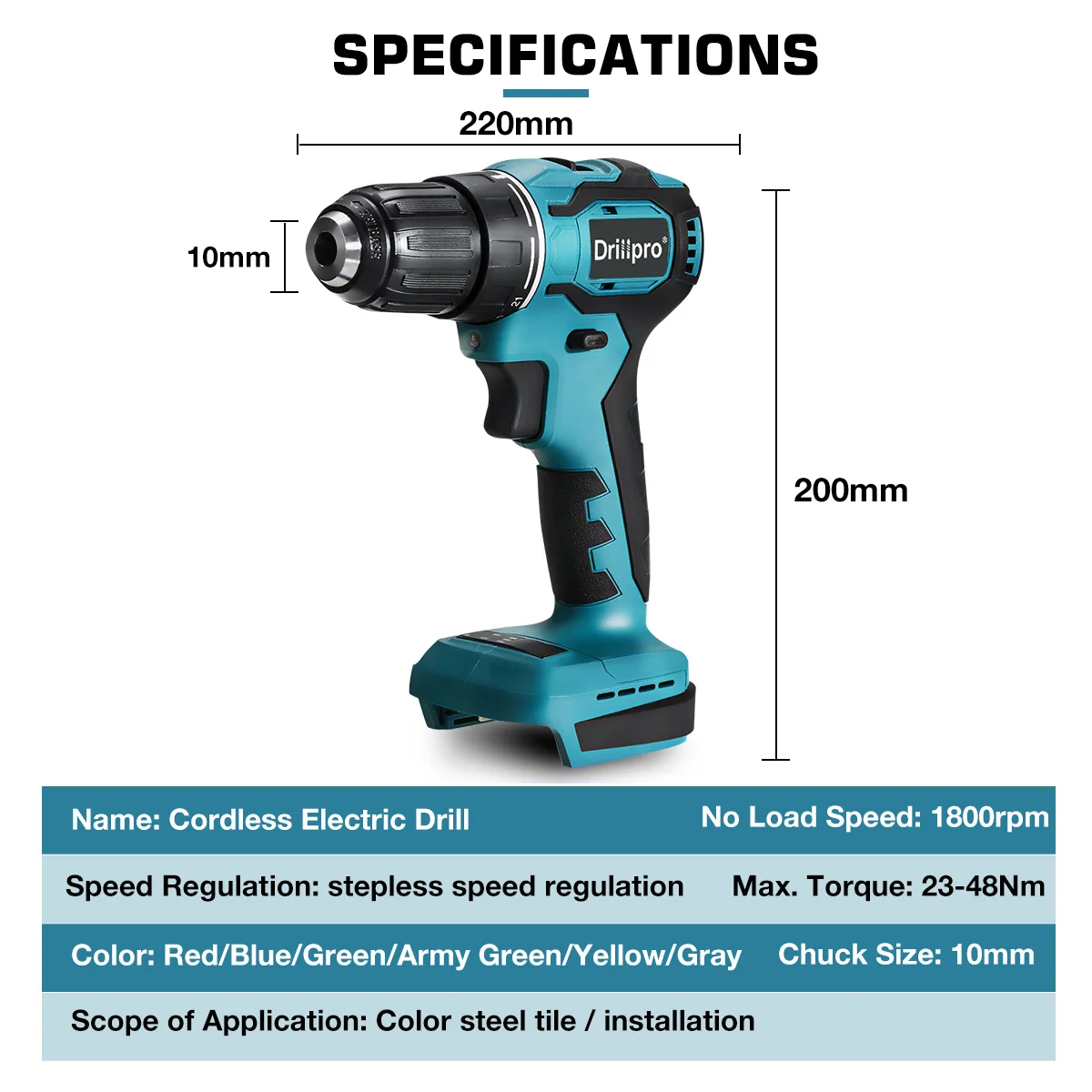 Drillpro-destornillador eléctrico sin escobillas, de 13mm Taladro de Martillo, 10mm, 21 + 1 Torque, taladro eléctrico inalámbrico para batería