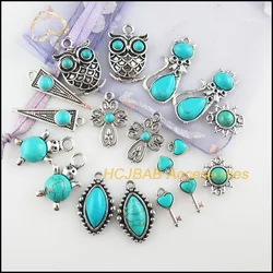New Turquoise Stone Charms Cat Owl Cross Flower Key Oval Tibetan Silver Plated Pendants Retro
