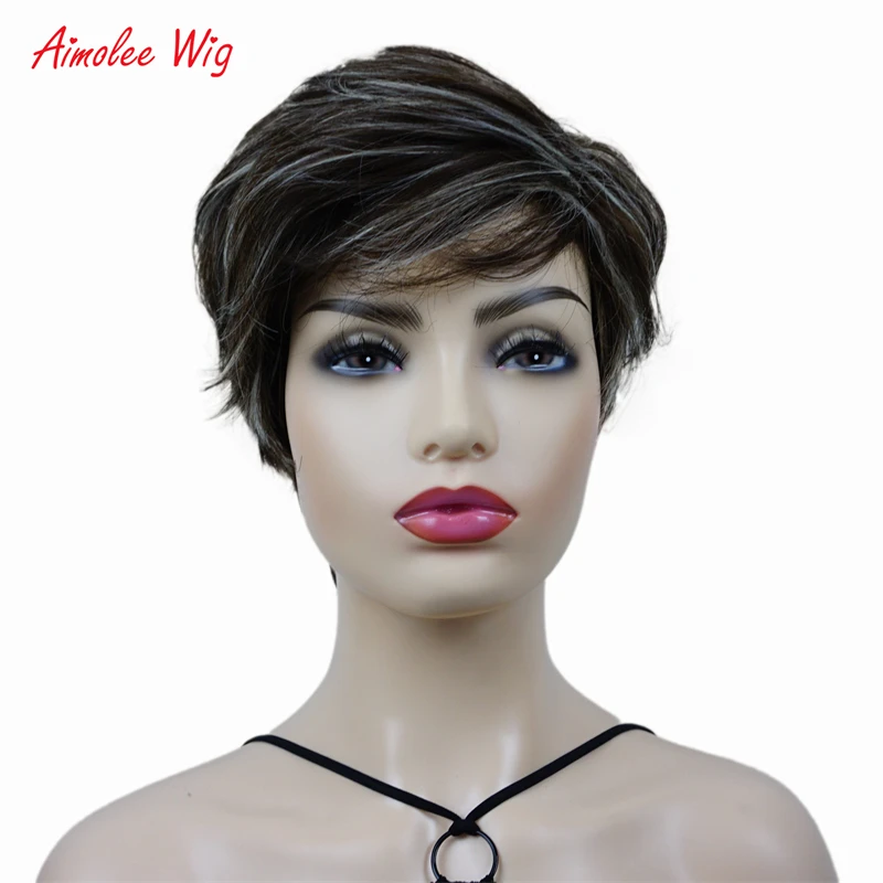 Aimolee Chestnut Brown Blonde Mixed Short Straight Pixie Cut Natural Hair Wig for Women