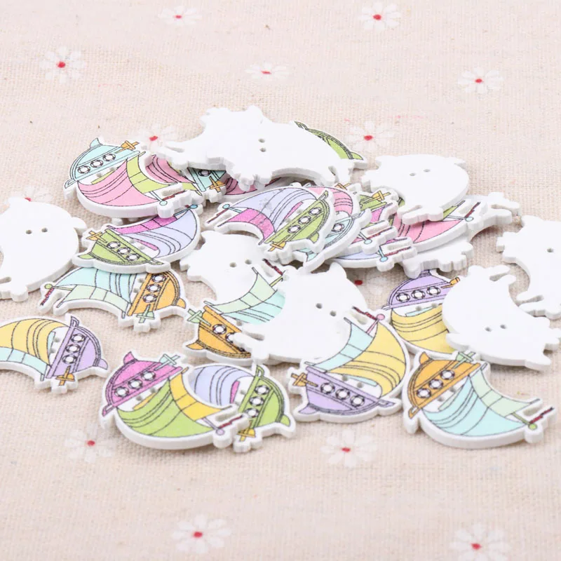 20pcs/lot Muticolor Wooden Buttons Good Luck Sailing ship Boat 2 Holes Sewing Handmade Scrapbooking Craft Decoration