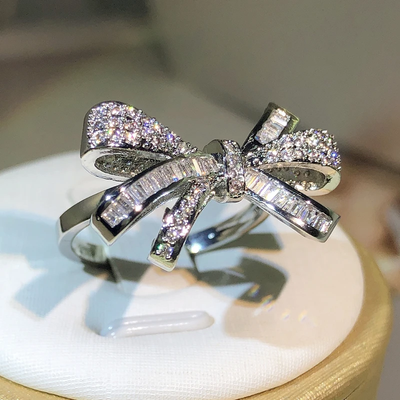 925 Sterling Silver High Quality Bow Bow Bow Bow Zircon Ring Women\'s Fashion Party Birthday Jewelry Rings