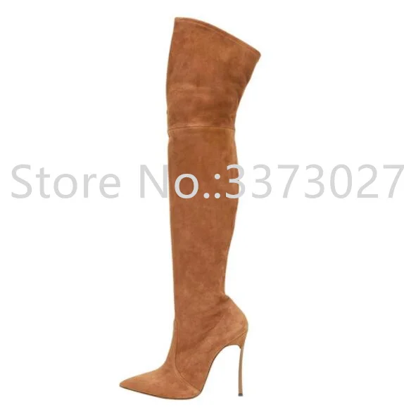 Brown Suede Metal Heel Woman Long Boots Sexy Nude Color Thin Legs Thigh High Boots Lady Sexy Party Shoes Dropship Knee Boots