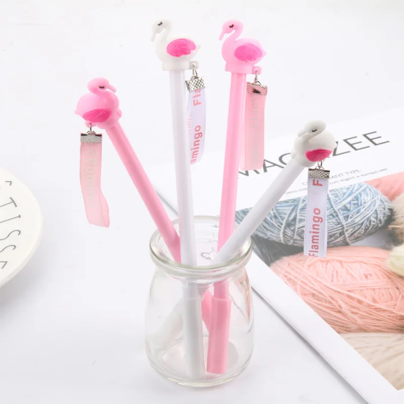 36PCS Creative Stationery Cartoon Black Water-based Paint Pen Pink Flamingo Pendant Gel Pen Students Stationery